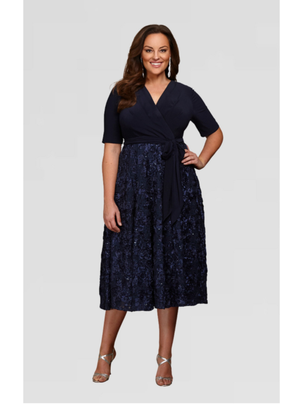 Alex Evenings Navy V Neck Sequin Rosette Lace Tea Length Cocktail Dress Size 8